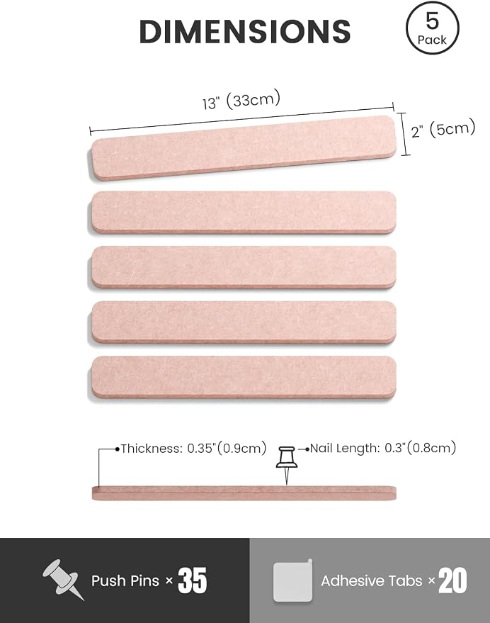 Fluxynara 13" x 2" Felt Wall Panels, Pink | 5-Pack Cork Board Alternative with 35 Push Pins, Adhesive Mounting for Bedroom Door or Home Office