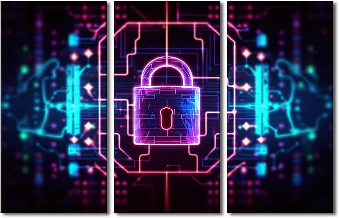 Framed Canvas Wall Art 3 Panels Padlock on Technological Circuit Background with Neon Lights, Cyber Security Concept Posters and Prints for Home Wall Decoration, Ready to Hang, 60" Wx40 H