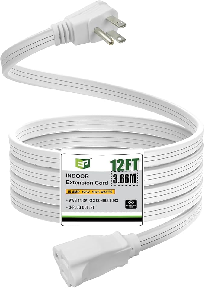 EP 12 Ft Heavy Duty Appliance Extension Cord - 14 Gauge 3 Prong SPT-3 Cable Wire, Ideal for Air Conditioners, Refrigerators, and Major Appliances - Indoor Use, White