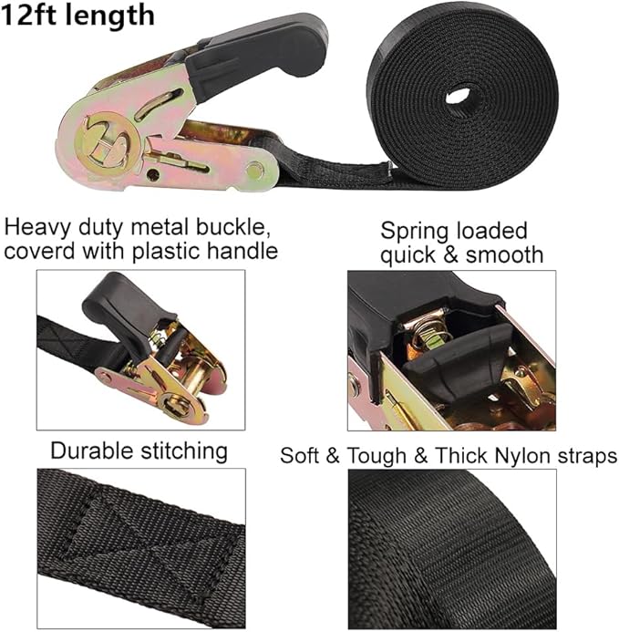 Endless Ratchet Tie Down Straps Heavy Duty Cargo Tie Downs, Sturdy Nylon Black Strap Down Ratcheting Securing Straps, Track Spring Fittings, Tie-Down Motorcycles, Trailer Loads, Kayak