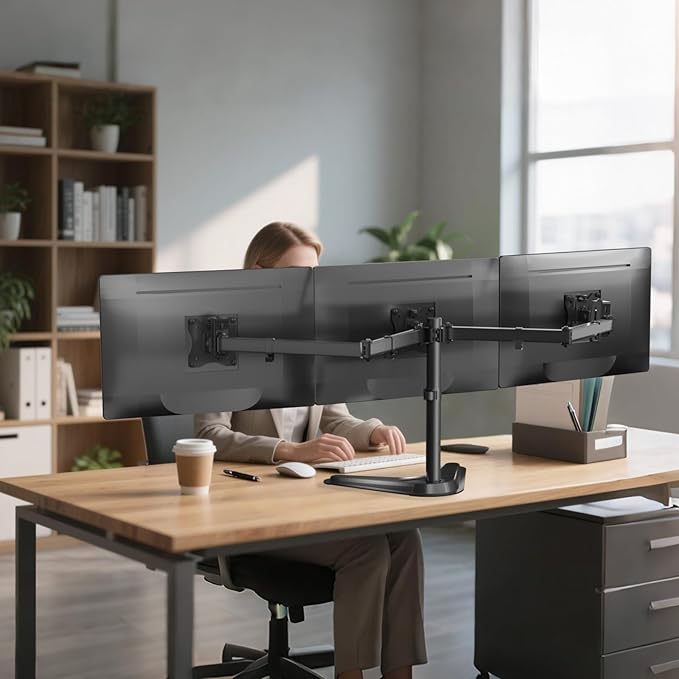 WALI Free Standing Triple Monitor Mount, Heavy Duty Triple Monitors Stand for 13-27 inch Screens, Adjustable 3 Monitor Arm Desk Mount with Swivel, Tilt, Rotation, Grommet Base (MF003N), Black