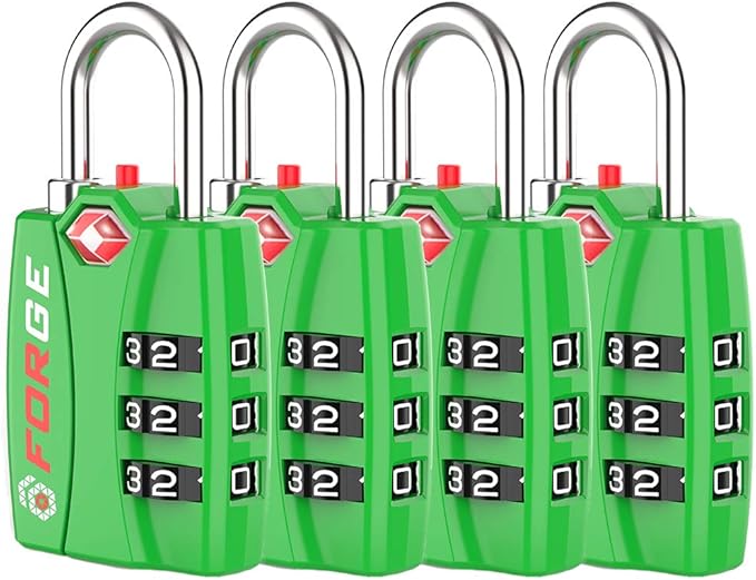 Forge TSA Luggage Combination Lock - Open Alert Indicator, Easy Read Dials, Alloy Body- Ideal for Travel, Lockers, Bags (Green 4PK)