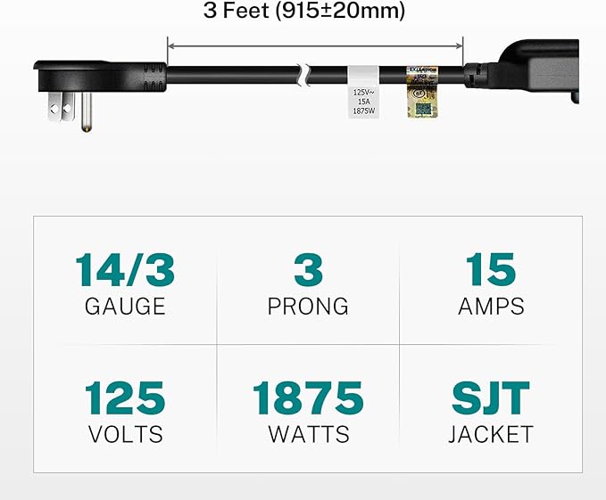 FIRMERST 1875W Flat Plug Extension Cord 3 Feet 14 AWG 15A Black, 2 Packs
