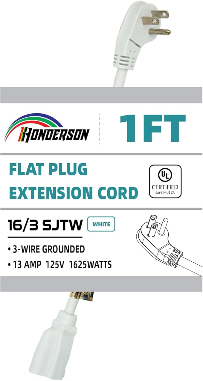 Flat Plug Indoor Extension Cord, UL Certified, 16 Gauge 1FT White 3 Prong Heavy Duty, 16/3 SJTW 13A Power Cord for Lights, Appliances, Home