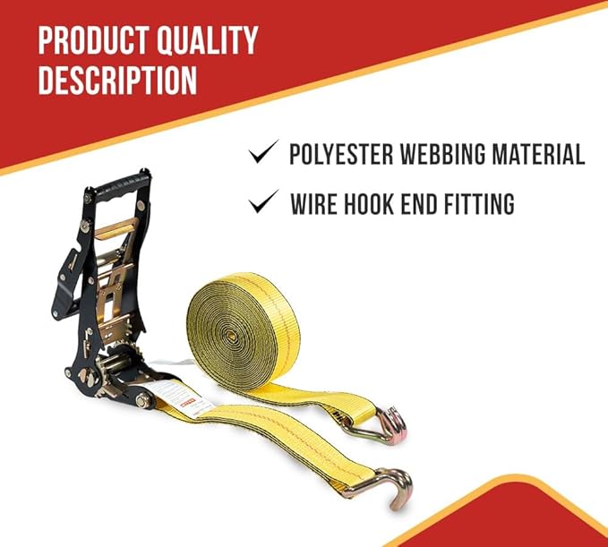 Mytee Products 4 Pack 2" x27' Yellow Ratchet Strap with J Hooks- 10,000 Lbs Breaking Strength -Heavy Duty Tie Down Large Bar Handle and Cargo Straps with Wire Hooks for Flatbed, Truck, Trailers Pickup