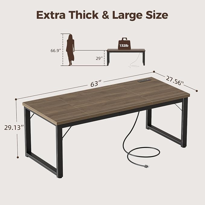 Mericonia 63x28 Inch Computer Desk w/Power Outlets, 1.2" Thick Office Table | Modern Simple Style, Heavy Duty Industrial Frame, Large Study & Writing Table for Home Bedroom Work, Walnut