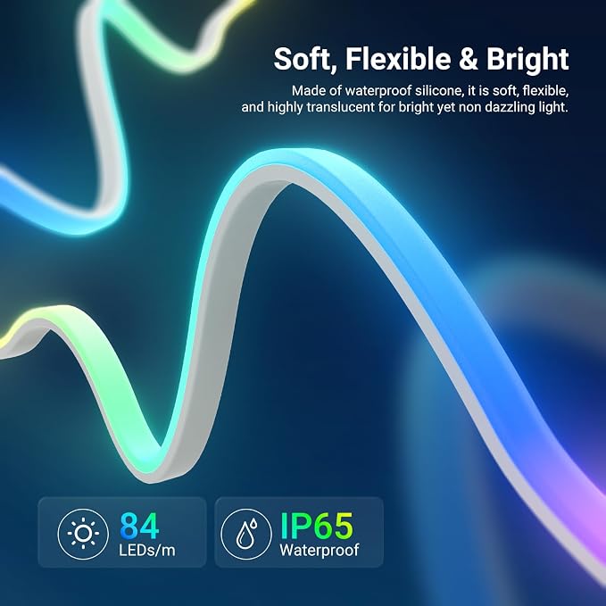NEEWER 16.4ft/5m LED Strip Lights Front Lit, Smart AI App Control RGB IC Cuttable Neon Rope Light Color Change for Bedroom Gaming Room Home Indoor Wall Decor, Compatible with Google and Alexa, NS01