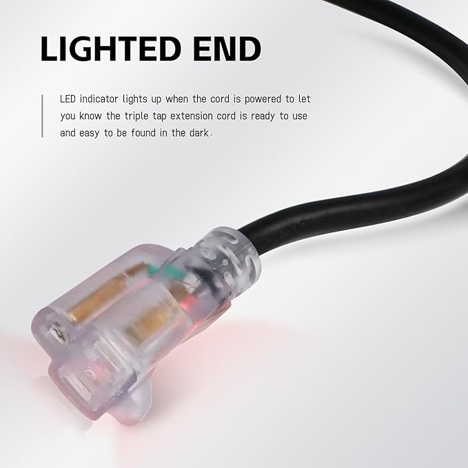 EP 15 Ft Outdoor Extension Cord, 12/3 SJTW Heavy Duty Waterproof Power Cable, 3 Prong Grounded Plug, Lighted End, for Lawn, Garden, Appliances, Black