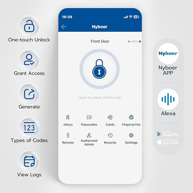 Nyboer Smart Keypad Door Lock with Handle for Front Door | 7 in 1 Keyless Entry with Fingerprint, Easy DIY Install, Remote & Voice Control, Auto-Lock, Ideal for Lockset Replacement