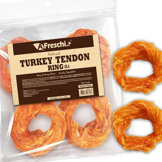 A Freschi srl Turkey Tendons for Dogs, USA-Sourced, Healthy Dog Treats, Rawhide-Free Puppy Chews, Long Lasting, All Natural, Hypoallergenic Dog Treats for Large Breeds, 10 oz Pack Ring (L)