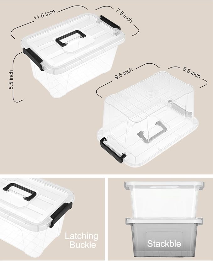 NUMIFUN Plastic Storage Bins with Lids 6 Pack Storage Organizer, 7 Quart Stackable Storage Bins with Buckle-Up Latches and Handle Storage totes easy for Home Office Pantry Organization, Clear Lids