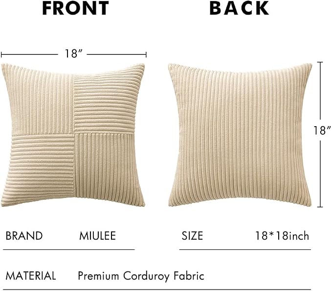 MIULEE Natural Beige Decorative Throw Pillow Covers for Couch 18x18 Inch | 2 Pack, Boho Farmhouse Pillow Covers, Soft Cross Corduroy Patchwork Textured Cushion Cases For Bed Sofa