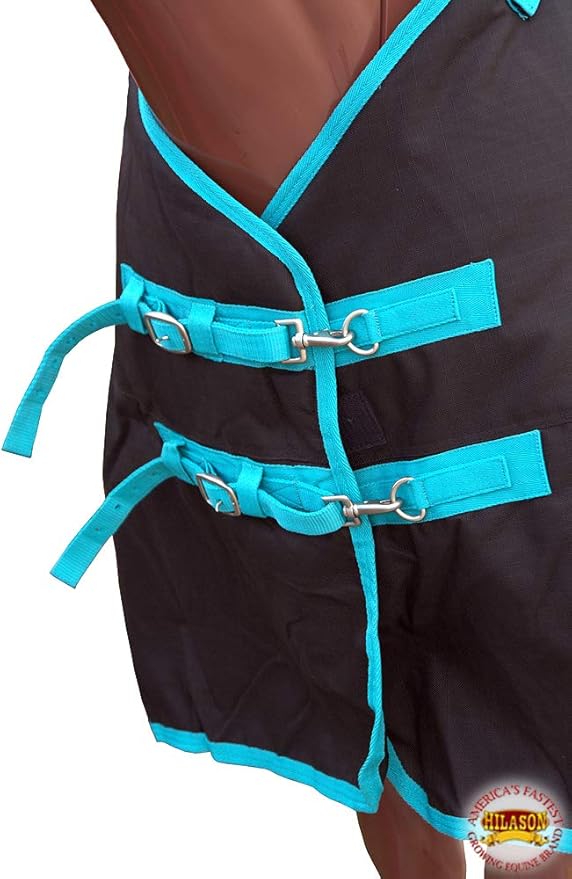 HILASON Black with Turquoise Trims 84 inch 1200D Winter Waterproof Poly Horse Turnout Blanket Belly Wrap