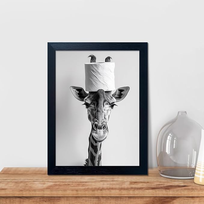 Funny Bathroom Wall Decor, Giraffe with a Toilet Paper Roll on Head Art Decor, Black and White Bathroom Pictures Wall Decor, Framed Humor Animal Canvas Print Artwork