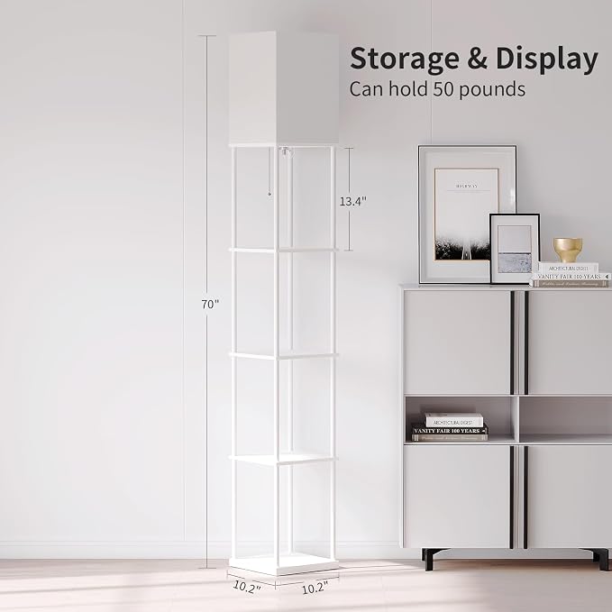SUNMORY 5 Tier Floor Lamp with Shelves, Modern Square Standing Lamp with 3 Color Temperature Bulb, Corner Display Bookshelf Lamp for Living Room and Bedroom, Tall Shelf Floor Lamp White