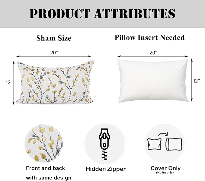 YOUR SMILE Classical Embroidery Jacquard Yellow/Gold Square Decorative Throw Pillow Case Cushion Cover,12x20 inch