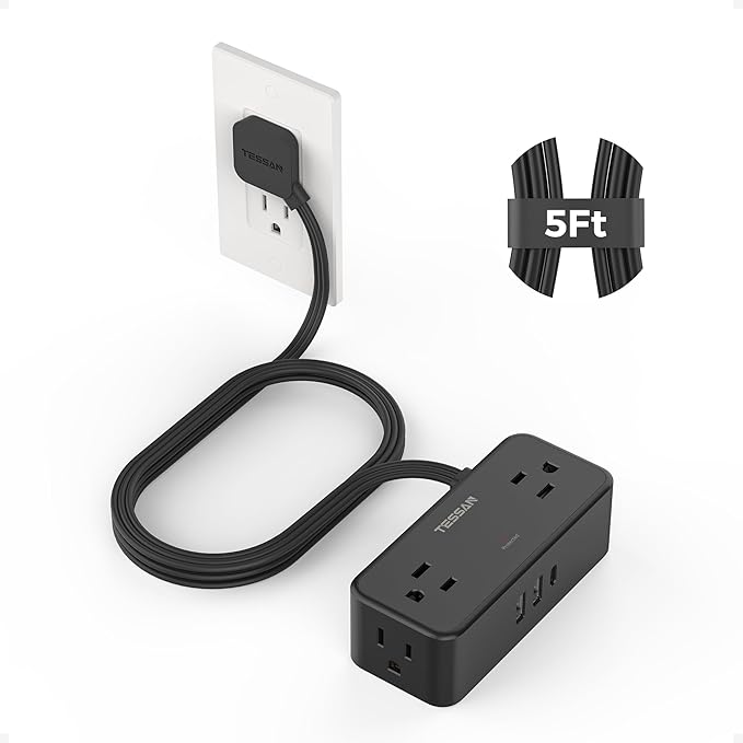 TESSAN Flat Plug Extension Cord 5 FT, Surge Protector Power Strip with 4 AC Outlets 1 USB C and 2 USB A Ports, 900 Joules Protection, Multiple Wall Outlet Extender Suitable for Office Dorm, Black