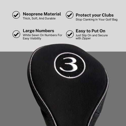 Black Golf Zipper Head Cover #3 Fairway Wood Metal Headcover Neoprene Traditional Plain Protective Cover Fits All Fairway Golf Clubs for Golfing Buddies