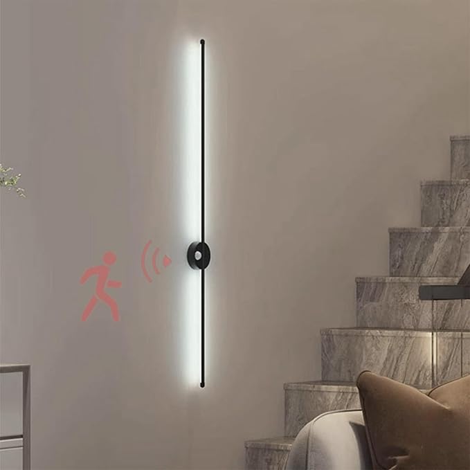 LED Long Strip Wall Lights with Motion Sensor Lamp 3000K/4000K/6000K Lighting Modern Simple Aluminum Mounted Indoor Bedside Decoration Light Living Room(Black White Light,80cm)