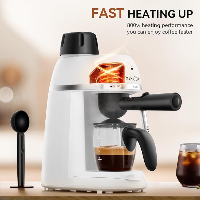 XIXUBX Compact Espresso & Cappuccino Machine, 3.5 Bar with Steam Wand | 800W Fast Heating, Safety Lock & Tritan Cup, One-Touch 4-Cup Brewing & Powerful Steam for Latte, White for Home & Office