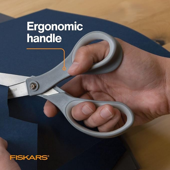 Fiskars 8" SoftGrip Everyday All Purpose Scissors, Office & Crafts, Grey | For Paper, Cardboard & Photos, Precision Stainless Steel Blades, Ergonomic SoftGrip Handles for Comfort & Control