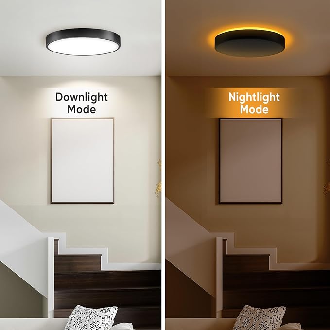 13 Inch Flush Mount Ceiling Light with Remote Control & Night Light, 5CCT Dimmable Ceiling Light Fixture, 25W 2500LM 2700K-6500K Adjustable LED Ceiling Lights for Bedroom Kitchen, Black
