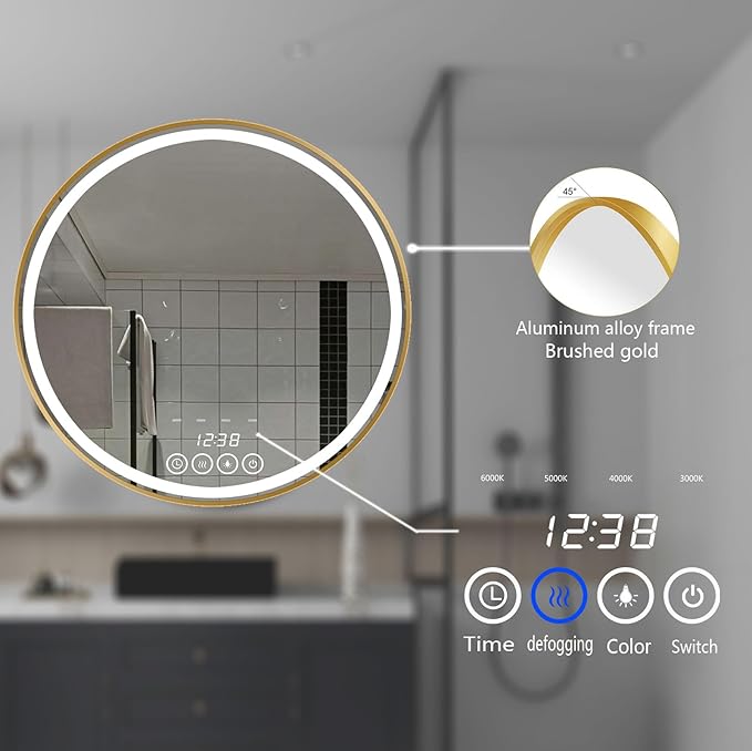 Wall-Mounted Round Bathroom Mirror with LED-Lights - Frame Vanity Mirrors (28" x 28", Gold)