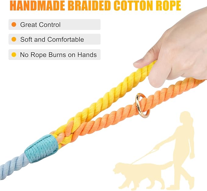 Dog Leash 6 FT Handmade Braided Cotton Rope Leashes for Small Medium and Large Dogs, New Golden Heavy Duty Metal Clasp, Colorful Rainbow