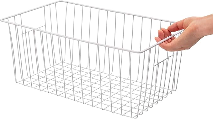 16Lx12Wx6H inch Wider Freezer Organizer Baskets Container, Refrigerator Metal Wire Storage Bins with Handles for Kitchen, Pantry, Cabinet, Closets - Pearl White（4 Packs
