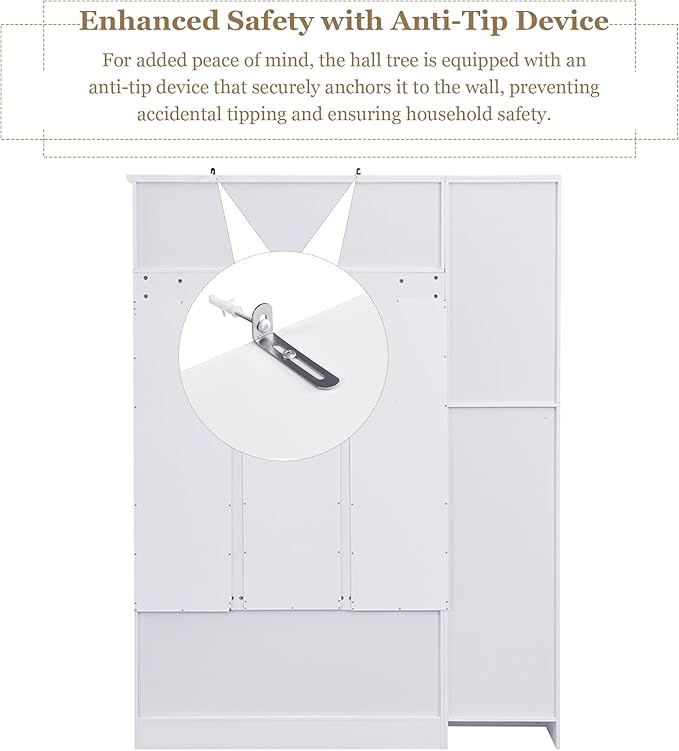 79-inch Modern Hall Tree with Shoe Storage - 4-in-1 Entryway Organizer with 6 Storage Cabinets, 4 Coat Hooks & Adjustable Shelf for Hallway, Living Room (White)