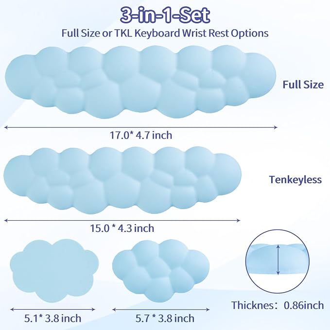 Sushret Cloud Wrist Rest Keyboard, Cloud Keyboard Wrist Pad Set with PU Leather Memory Foam, Cute Arm Rest for Palm Support, PC/Gaming Desk Accessories/Office Setup/Computer Hand Cushion - Blue