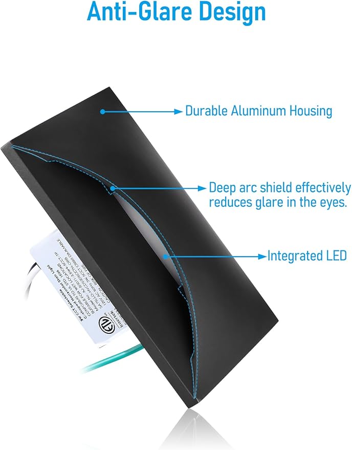 LEONLITE Black 5CCT 120V LED Step Lights, 150LM 5%-100% Dimmable Stair Lights Indoor Outdoor IP65 Waterproof, Aluminum Anti-Glare Shell, CRI90 ETL 2700K/3000K/3500K/4000K/5000K, Pack of 3