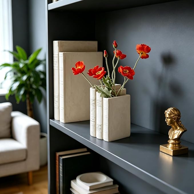 Book Shaped Vase for Flowers - Resin Decorative Vase Cream Fake Books for Bookshelf Bedroom Office Home Décor Gifts for Book Lovers Modern Aesthetic 5.5 * 4.5 * 7.5 Inch Guichifun