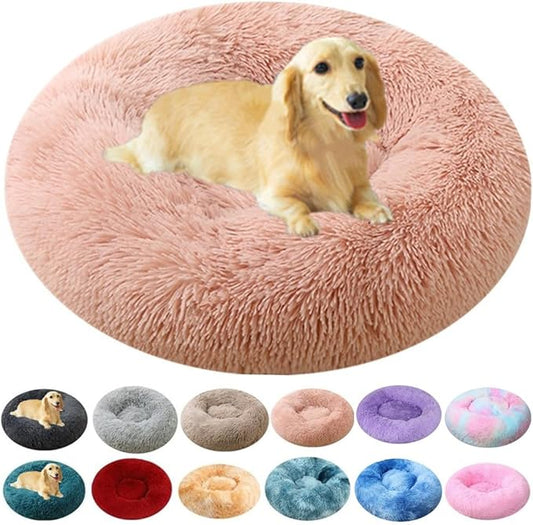Calming Small Dog Bed & Cat Bed, 16 Inch Donut Fluffy Anti-Anxiety Round Bed Washable Cute Bed, Cuddler Warming Cozy Soft Bed, Plush Cushion Bed for Small Medium Dogs and Cats (Pink)