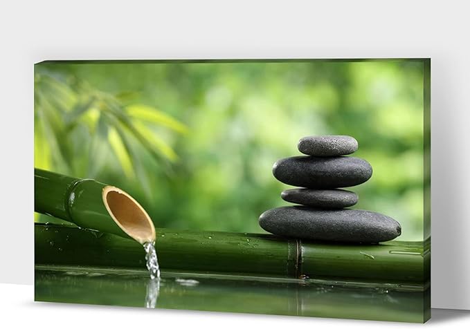GUTTATY Zen Wall Art Decor, Modern Bathroom Zen Decor Wall Art, Canvas Wall Art for SPA Zen Room Decor, Green Bamboo and Pebble Relaxing Zen Art Prints for Office & SPA Wall Decor 24x36 Inches