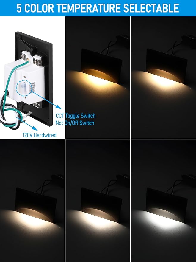 LEONLITE 12-Pack Black 5CCT 120V LED Step Lights, 150LM 5%-100% Dimmable Stair Lights Indoor Outdoor IP65 Waterproof, Aluminum Anti-Glare Shell, CRI90 ETL 2700K/3000K/3500K/4000K/5000K