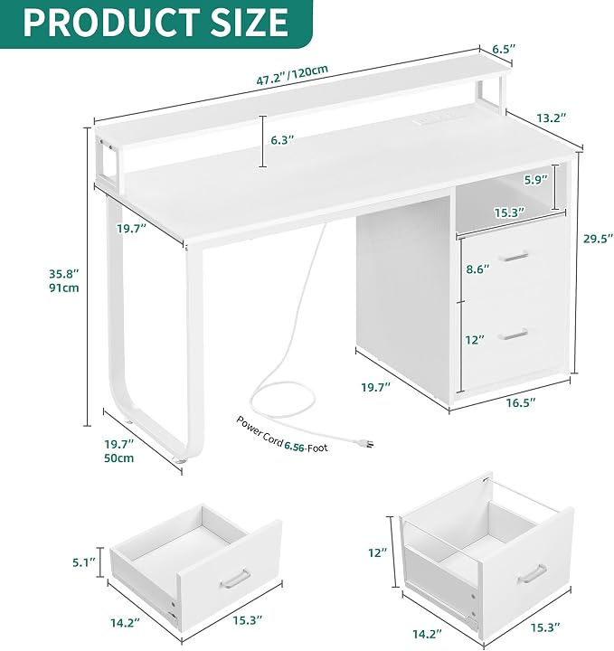 DWVO Office Desk with Drawers, 47" Computer Desk with Power Outlets & LED Light, Home Office Desk with Storage & Monitor Stand, White | Built-In Power Outlets, Led Light, Monitor Stand, Storage Space, For Home Office Study, Easy Assembly