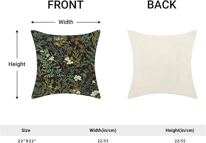 Spring Pillow Covers 22x22 Inch Set of 2,Black Sage Green Wild Flower Plant Throw Pillows Case,Seasonal Vintage Floral Outdoor Decorative Linen Farmhouse Decor Cushion Covers for Sofa Bed Couch