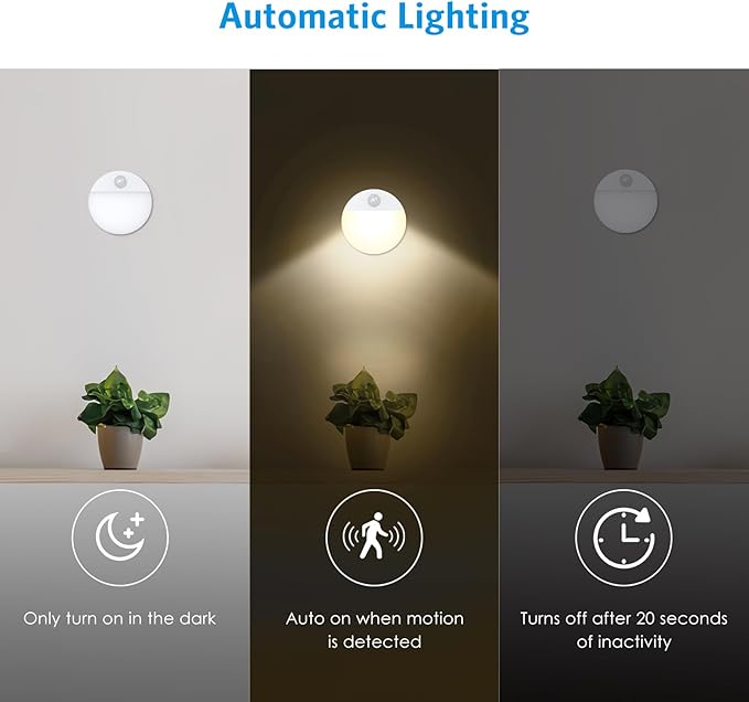 AMIR Upgraded Mini Motion Sensor Light Battery Powered, Cordless Stick On LED Night Light, Wall Light, Closet Lights, Safe Lights for Stairs, Hallway, Bathroom, Kitchen, Cabinet (Pack of 4 Warm White)