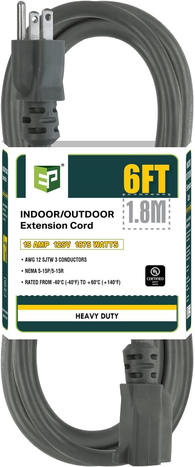 EP 12/3 6 FT Indoor Outdoor Grey Extension Cord Waterproof, 12 Gauge 3 Prong Power Cord Flexible Resistant Appliance Extension Cable Electric Cable Outside, 15A 1875W 12AWG SJTW, ETL Listed