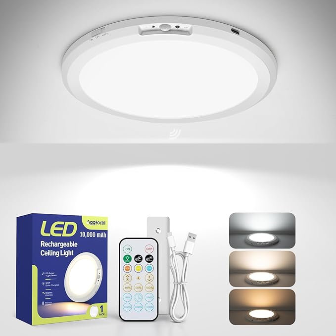 10,000mAh Rechargeable Ceiling Light with Remote, 7.09“ Wireless Waterproof Shower Lights 3000K/4000K/6000K, Battery Powered Light for Closet Battery Operated, Motion Sensor Lights No Wiring