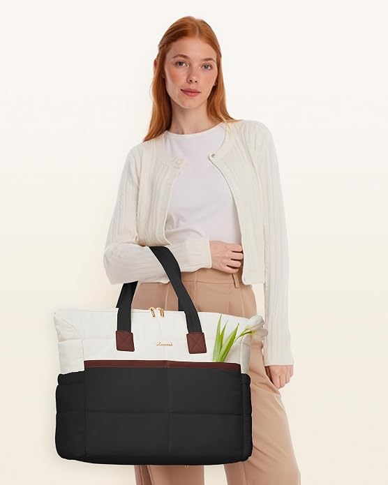 LOVEVOOK Tote Bag for Women,Light Puffer Tote Bag with Multi-pockets,Stylish Carry on Laptop Bags for Daily,Travel,Work,Gym