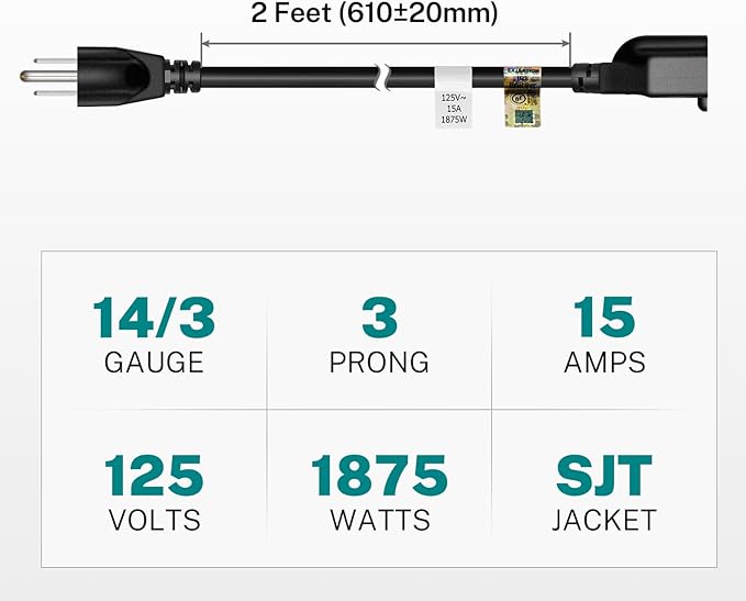 FIRMERST 15 Amp 2 Feet 3 Prong Extension Cord 14 Gauge 1875W Black