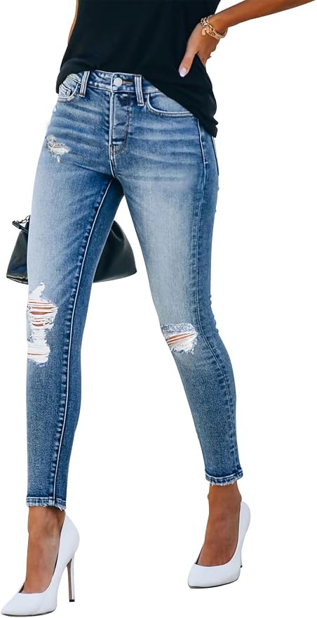 KUNMI Women's Skinny Ripped Trendy Jeans Distressed Stretchy Denim Pants