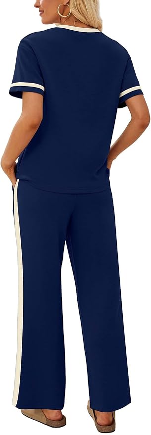 Sampeel 2 Piece Sets for Women Matching Sets Summer Outfits Resort Wear Short Sleeve Lounge Set Wide Leg Pants with Pockets