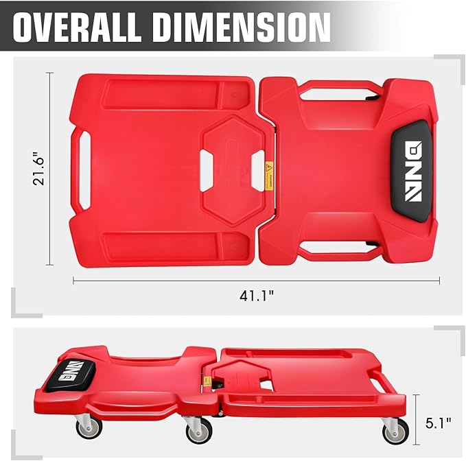 DNA Motoring 41inch Low Profile Plastic Rolling Garage Shop Creeper with Padded Headrest, Tool Trays & 6pcs Casters, Foldable Creeper, TOOLS-00637-RD