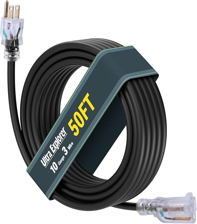 10 Gauge Heavy Duty Outdoor Extension Cord 50 FT, Waterproof Exterior Extension Cable with Lighted, 3 Prong Appliance Power Cord Outside, SJTW, 125 VAC, 15 Amp, 1875 Watts, Black