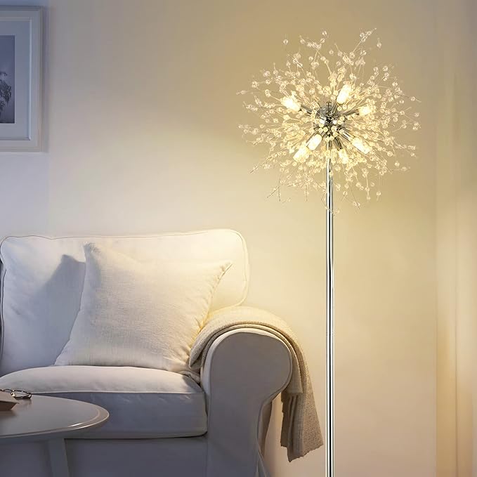 Airposta Crystal Floor Lamp - Elegant Standing Lamp, 69" Tall, Modern Design, 32 Firework Crystal Harnesses, Chrome Finish