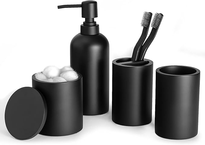 Bathroom Accessory Set - 4 Pcs Matte Black Bathroom Set with Toothbrush Holder, Soap Dispenser, Tumbler & Cotton Swab Jar - Bathroom Vanity Countertop Organizer, Bathroom Decor Sets