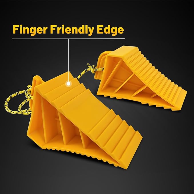 HOXWELL 2 Pair Wheel Chocks with Rope & Handle Design for Travel Trailers, Non Slip Yellow Wheel Chock, Lightweight Wheel Stoppers for Cars Campers Trucks RVs, Easy to Carry